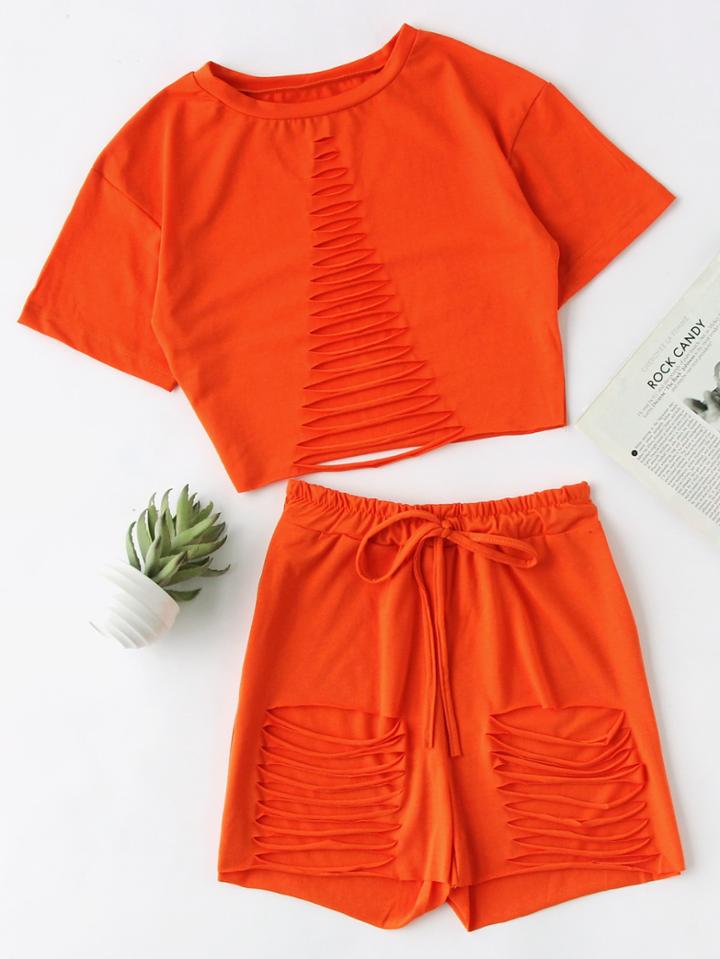 Romwe Ladder Ripped Crop Tee With Shorts