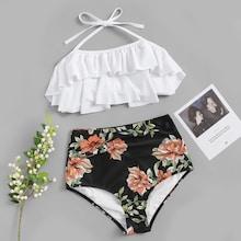 Romwe Ruffle Ruched Random Floral Bikini Set
