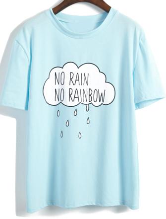 Romwe Letter Print Slim Blue T-shirt