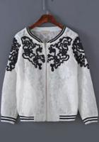 Romwe Stand Collar With Zipper Embroidered White Coat