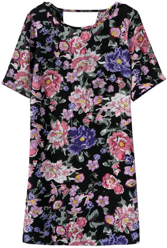 Romwe Short Sleeve Floral Back Hollow Dress