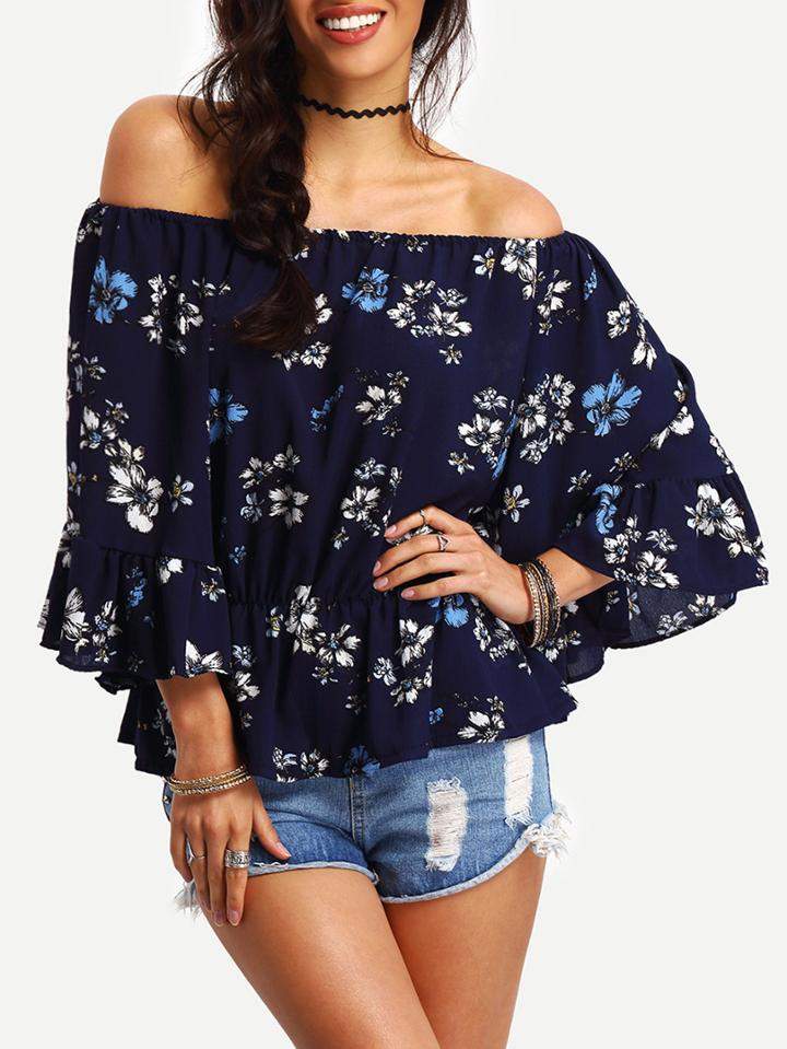 Romwe Off-the-shoulder Flower Print Ruffled Blouse