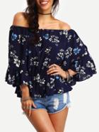 Romwe Off-the-shoulder Flower Print Ruffled Blouse