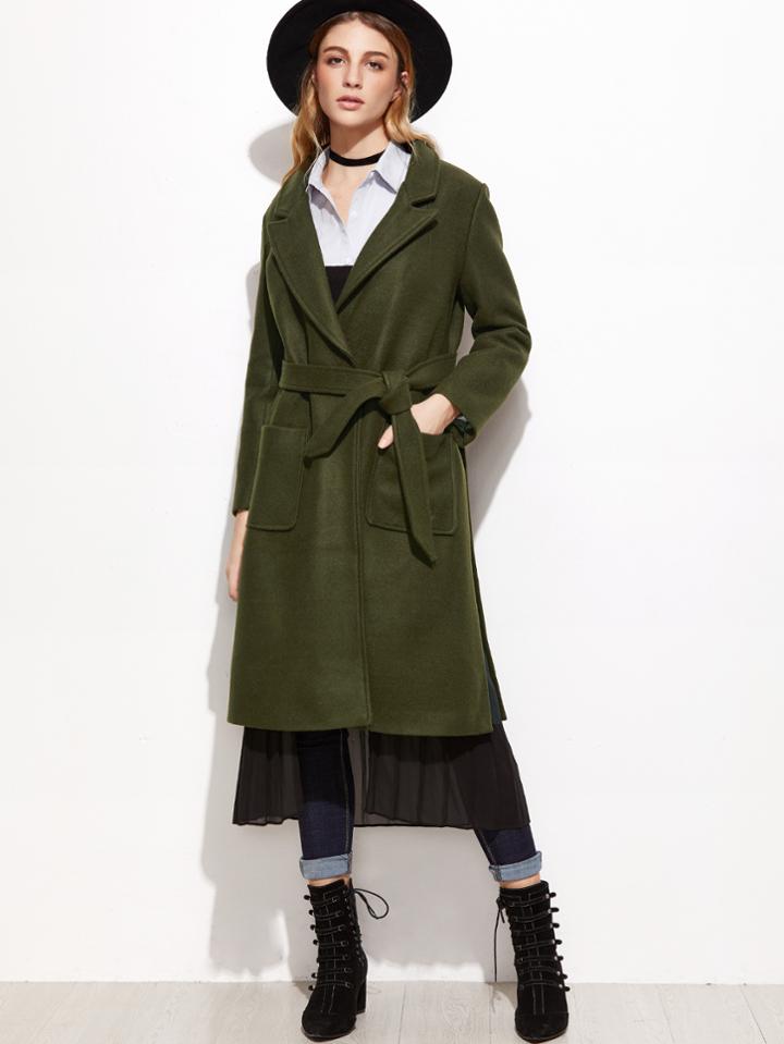 Romwe Army Green Slit Side Contrast Mesh Coat With Belt