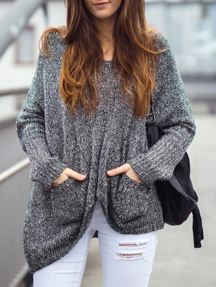 Romwe Grey Pockets Asymmetric Sweater