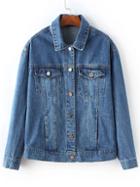 Romwe Blue Flower Embroidery Back Denim Jacket