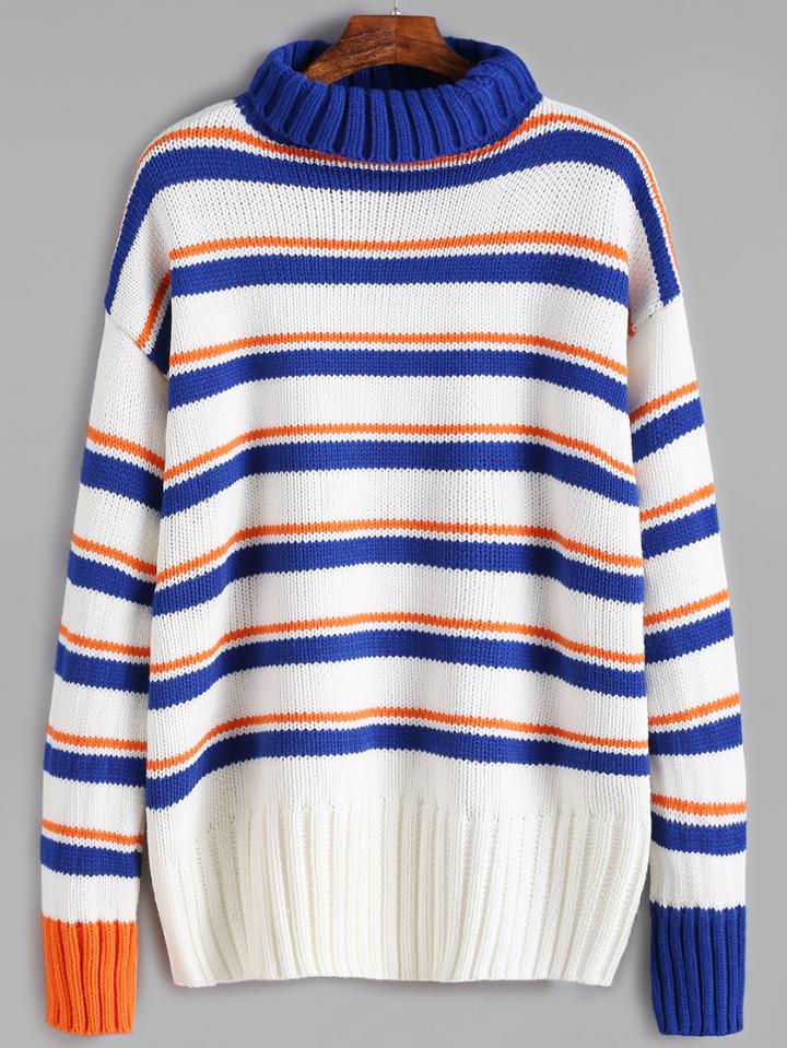 Romwe Striped Turtleneck Dropped Shoulder Seam Sweater