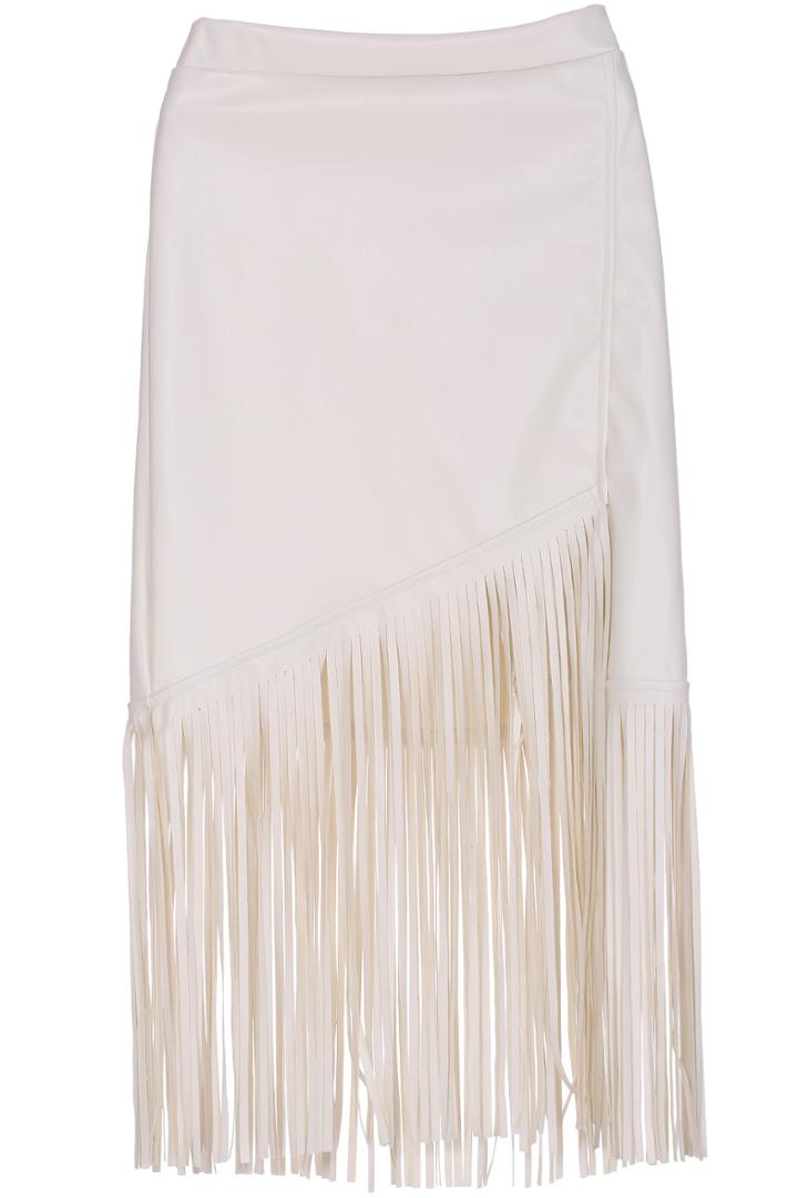 Romwe Pu Leather Tassel Midi White Skirt