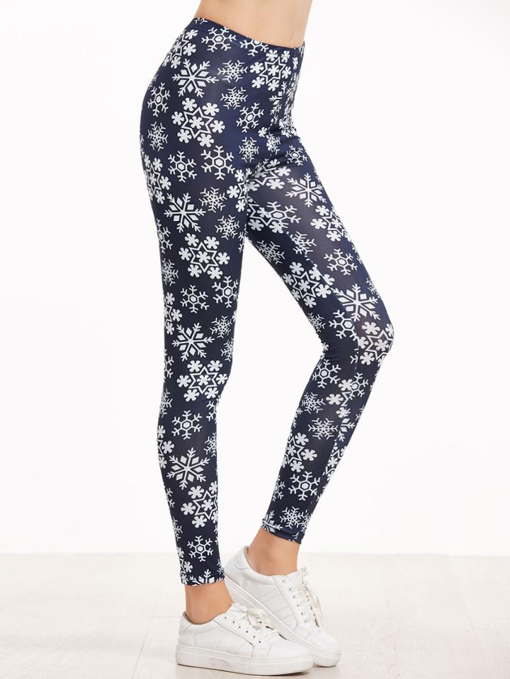 Romwe Navy Snowflake Print Leggings