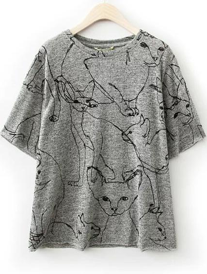 Romwe Grey Short Sleeve Abstract Cat Print T-shirt