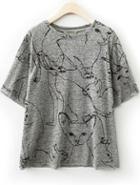 Romwe Grey Short Sleeve Abstract Cat Print T-shirt