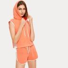 Romwe Contrast Fishnet Drawstring Hooded Top & Dolphin Shorts