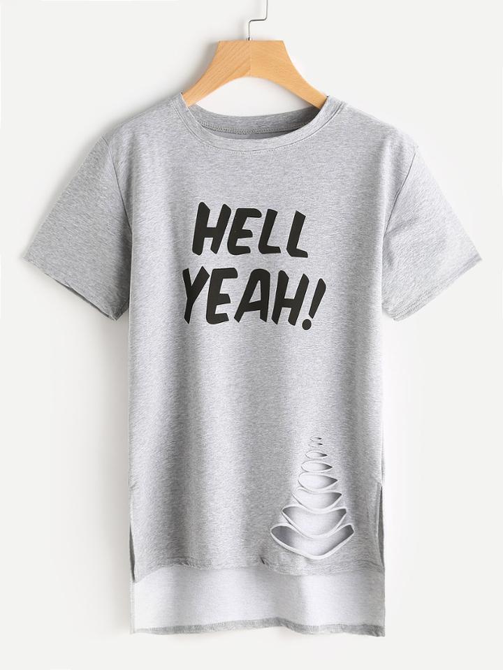Romwe Slogan Print Distressed Dip Hem Tee
