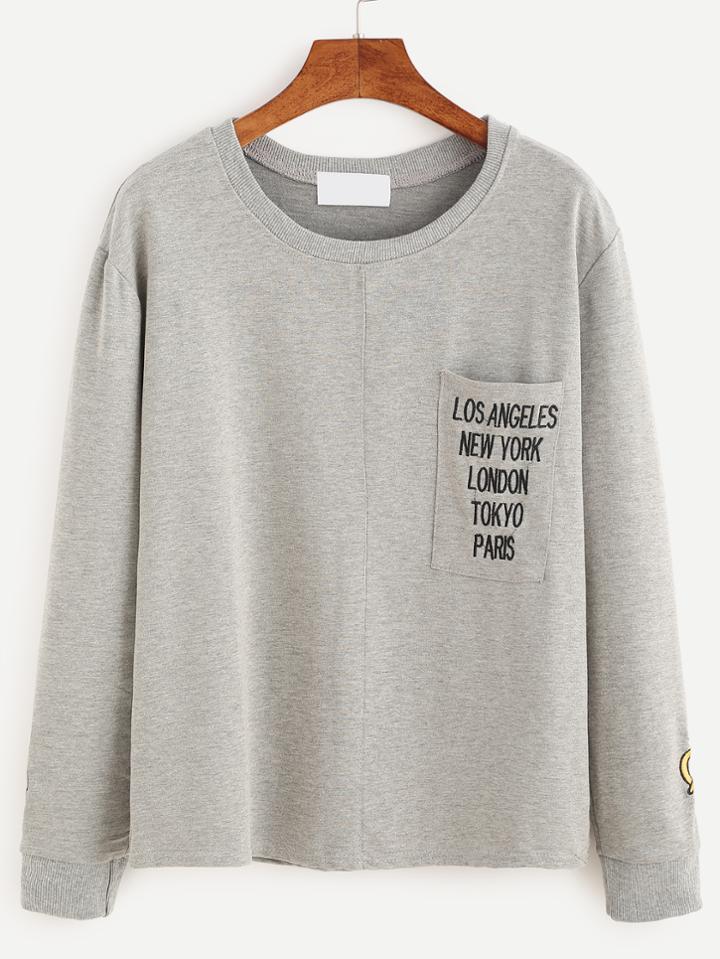 Romwe Grey Letters Embroidered Long Sleeve T-shirt