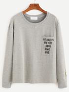 Romwe Grey Letters Embroidered Long Sleeve T-shirt