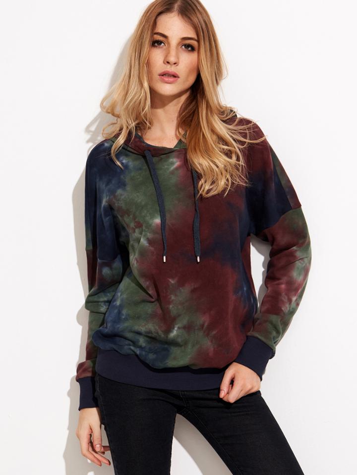 Romwe Multicolor Tie Dye Print Drop Shoulder Hoodie