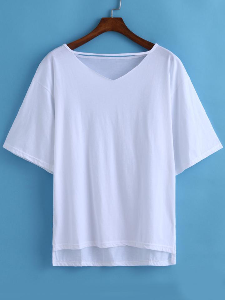 Romwe V Neck Dip Hem White T-shirt