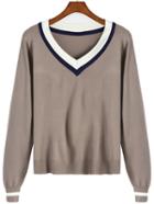 Romwe V Neck Striped Loose Sweater