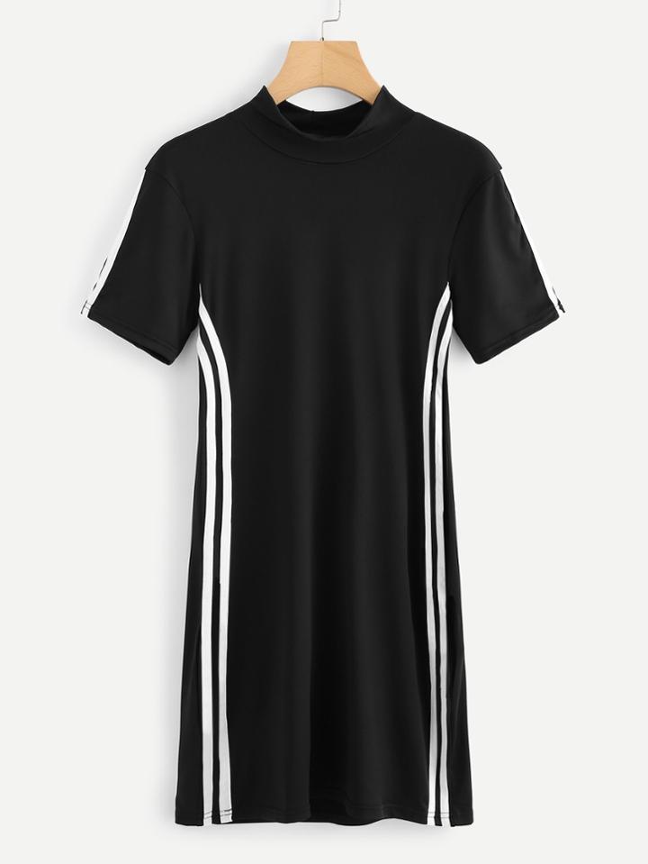 Romwe Stand Neck Striped Side Dress