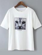 Romwe Cat Patch Embroidered White T-shirt