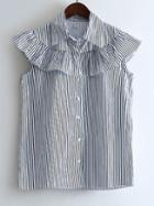 Romwe Navy Lapel Cap Sleeve Ruffle Stripe Blouse