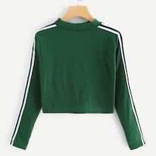 Romwe Stand Neck Tape Panel Crop Tee