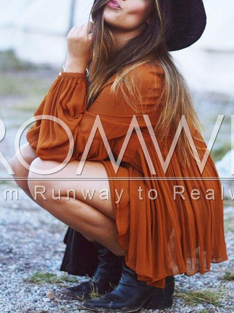 Romwe Brown Long Sleeve Pleated Dress