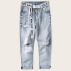 Romwe Guys Letter Belted Ripped Jeans