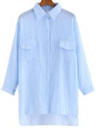 Romwe Lapel Dip Hem With Pockets Vertical Striped Blue Blouse