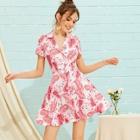 Romwe Tropical Print Button Up Shirt Dress