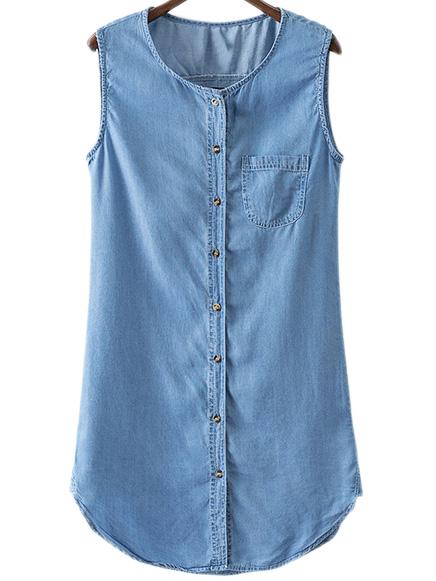 Romwe Blue Sleeveless Pocket Buttons Front Shirt Dress