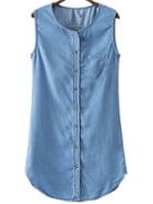 Romwe Blue Sleeveless Pocket Buttons Front Shirt Dress