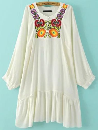 Romwe White Embroidered Pleated Hem Dress