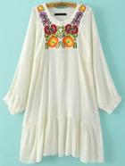 Romwe White Embroidered Pleated Hem Dress