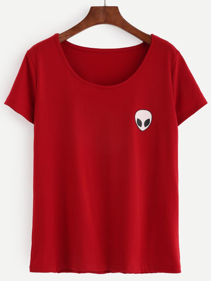 Romwe Red Alien Print T-shirt
