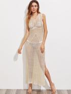 Romwe Hollow Out Slit Crochet Cover Up Dress