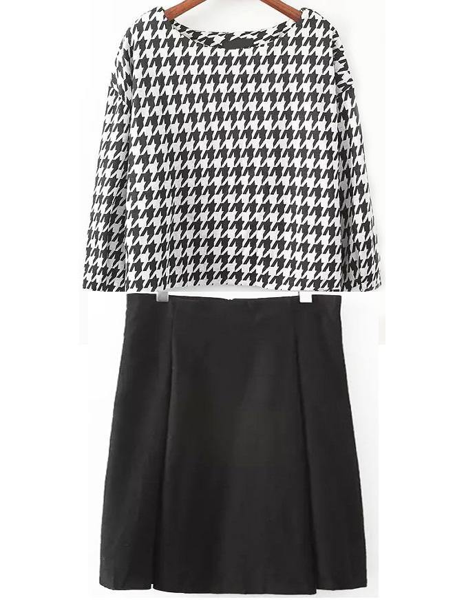 Romwe Dropped Shoulder Seam Houndstooth Top With A-line Skirt
