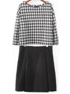 Romwe Dropped Shoulder Seam Houndstooth Top With A-line Skirt