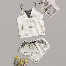 Romwe Leaf Print Lace Trim Satin Cami With Shorts
