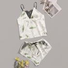 Romwe Leaf Print Lace Trim Satin Cami With Shorts