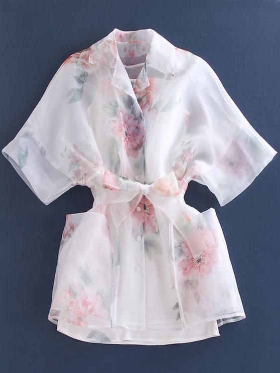 Romwe Lapel Bat Sleeve Flower Print Organza Shirt Dress
