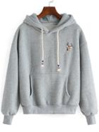 Romwe Grey Hooded Deer Embroidered Loose Sweatshirt
