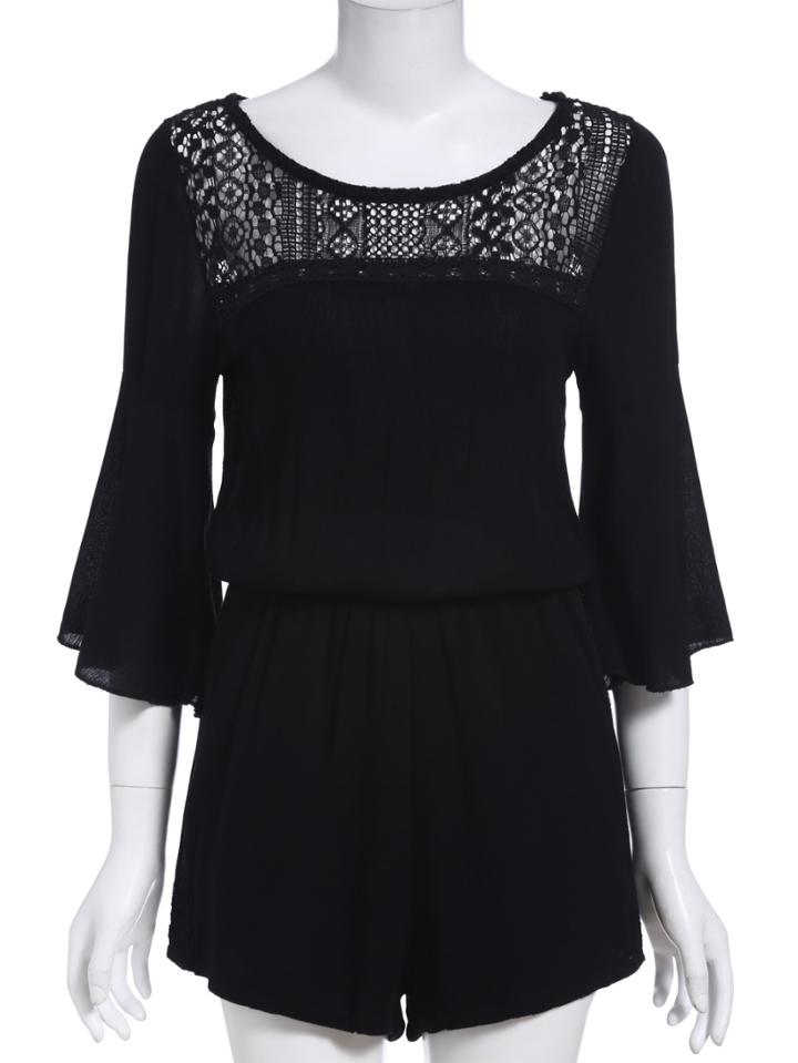 Romwe Bell Sleeve Lace Crochet Hollow Black Romper
