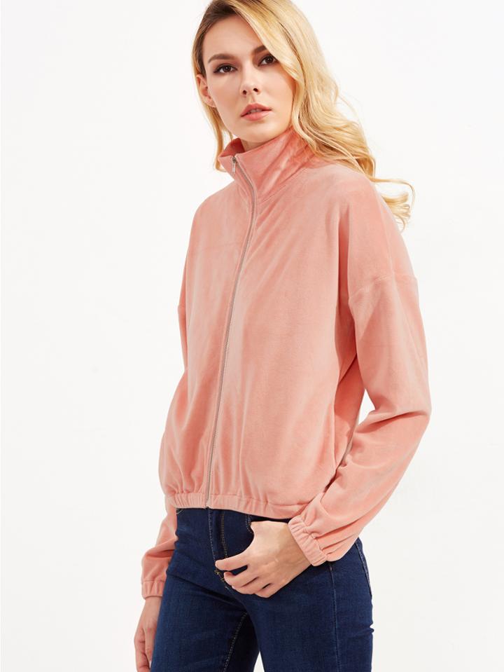 Romwe Pink Stand Collar Drop Shoulder Zip Up Velvet Sweatshirt