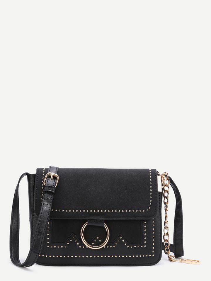 Romwe Black Ring Detail Flap Shoulder Bag