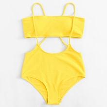 Romwe Ribbed Bandeau Criss Cross Suspender Swimsuit