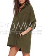 Romwe Army Green Long Sleeve Lapel Pockets Dress