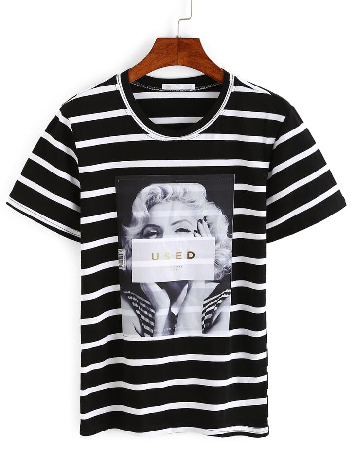 Romwe Striped Graphic Print T-shirt - Black