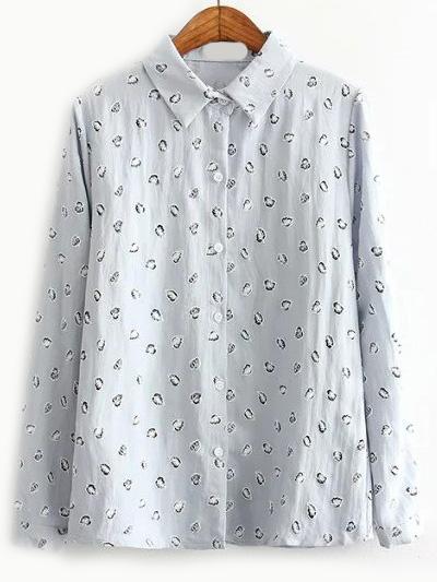 Romwe Leaves Print Pale Blue Blouse