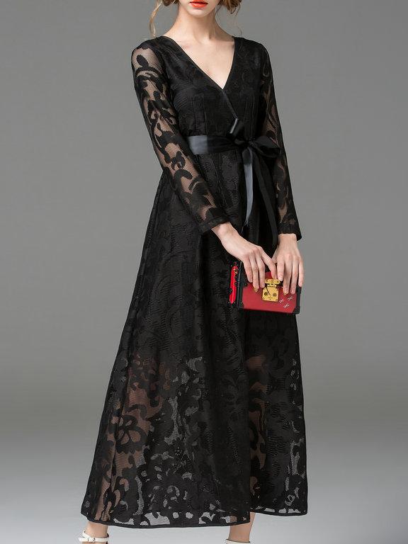 Romwe Black V Neck Tie-waist Maxi Dress